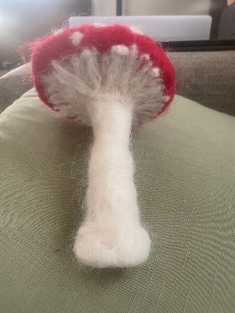 Felted mushroom - in the style of a red Amanita you can see the full mushroom including underneath the cap 