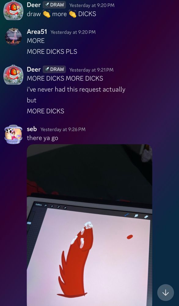 screenshot of a group chat where deer and ara aggressively encourage me to draw more dicks, followed by a photo of a procreate screen where a mediocre blitz dick has in fact been drawn