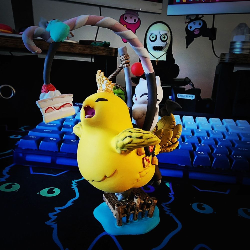 Google riding a chubby chocobo with cake on a stick.