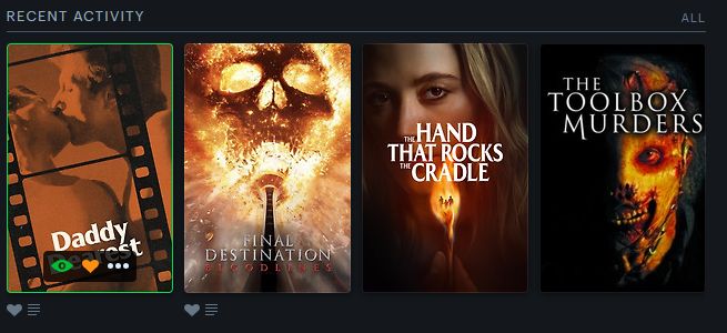 Last 4 Watched: Daddy Dearest (1984) heart and a review, Final Destination: Bloodlines (2025) a heart and a review, The Hand That Rocks the Cradle (2025), and The Toolbox Murders (2004)