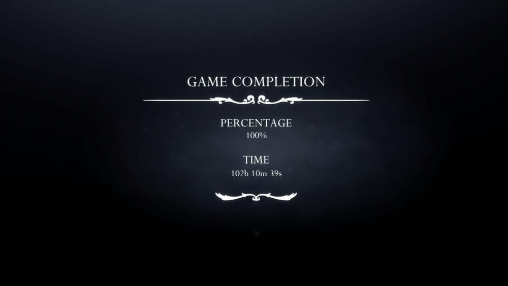 Hollow Knight: Silksong completion screen. 100% complete, 102 hours, 10 minutes, 39 seconds time.