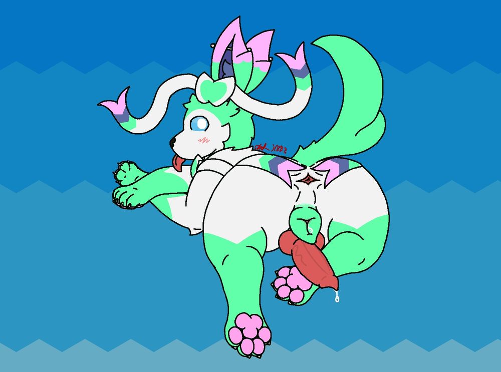 Quadruped or feral (whatever you wanna call it) Sylveon oc named Mint depicted laying on their belly using their ribbons to spread her anus while also looking back at the viewer and sticking their tongue out.
Her pussy and cock are also present; even if she doesn't look like they have balls, they're internal.