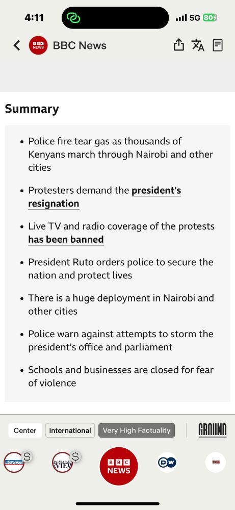 Summary screenshot from BBC news about the  June 25 2025 protests in  Kenya. 