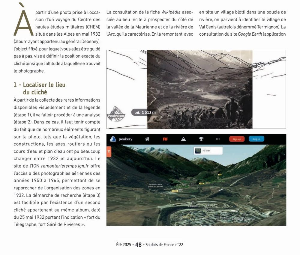 Début de l'article sur "l'OSINT en montagne" dans le numéro 22 de "Soldats de France", magazine d'histoire de l'Armée de Terre sur la contre-mobilité.