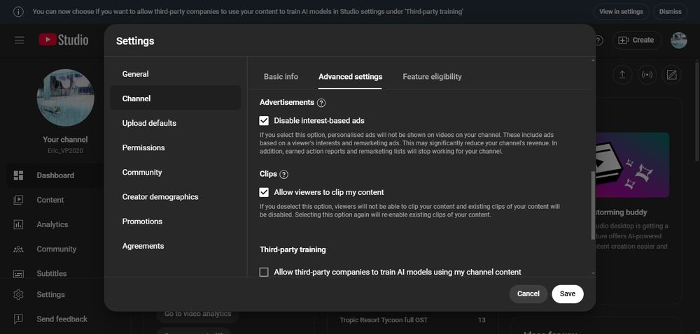 I've disabled my content being used for AI, and also disabled personalized ads on my content. It's better for the privacy of both me and my end viewers.
