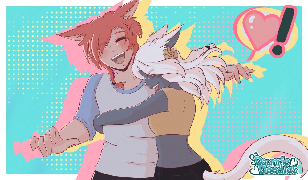 Fan art of Valenice hugging G’raha Tia. 