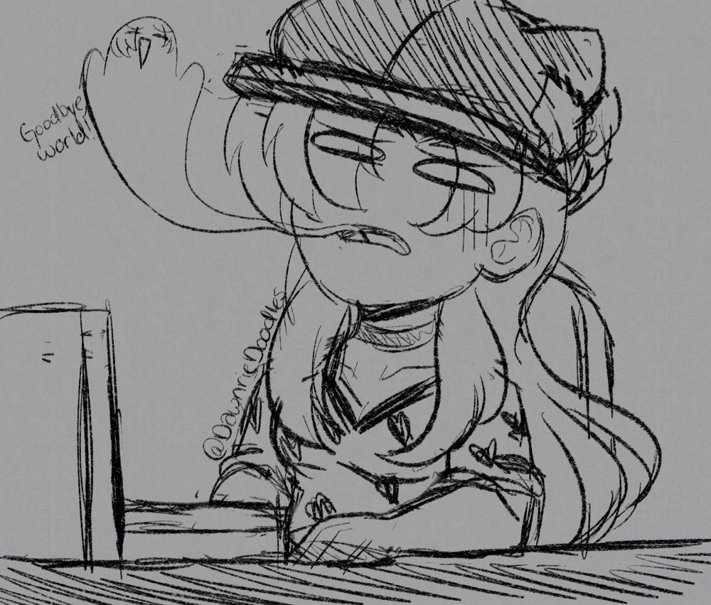 Dawnrie sitting in a chair, working on her laptop, but she’s so exhausted, her soul is leaving her body