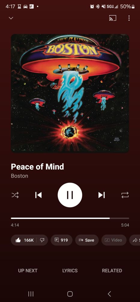 YouTube Music screenshot of the player playing Peace of Mind by Boston. 
https://music.youtube.com/watch?v=tJ42CLtr7Jg