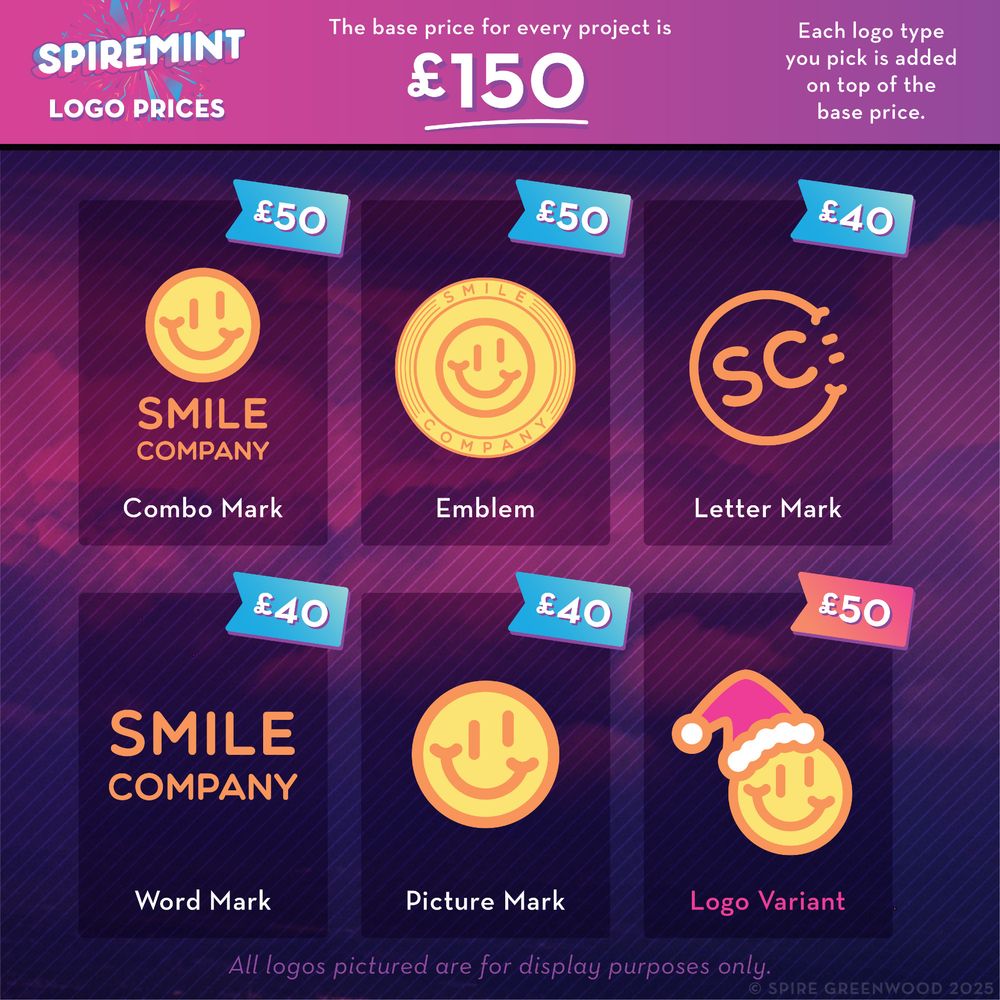 The base price for every project is £150. Each logo type you pick is added on top of the base price.