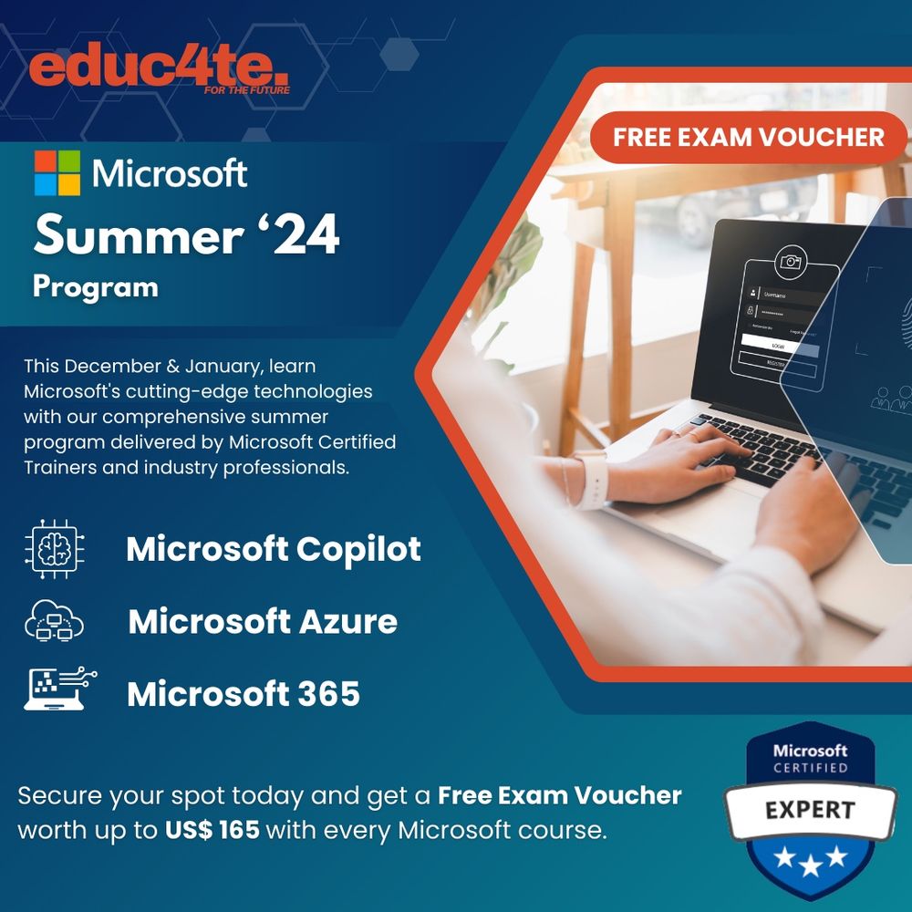 This summer join us for a wide range of Microsoft courses & get certified for 𝐅𝐑𝐄𝐄 with a  𝐏𝐞𝐚𝐫𝐬𝐨𝐧 𝐕𝐮𝐞 𝐞𝐱𝐚𝐦 𝐯𝐨𝐮𝐜𝐡𝐞𝐫 worth 𝐔𝐒𝐃165 with every enrollment!

Don’t miss your chance & secure your spot!

buff.ly/4943auZ