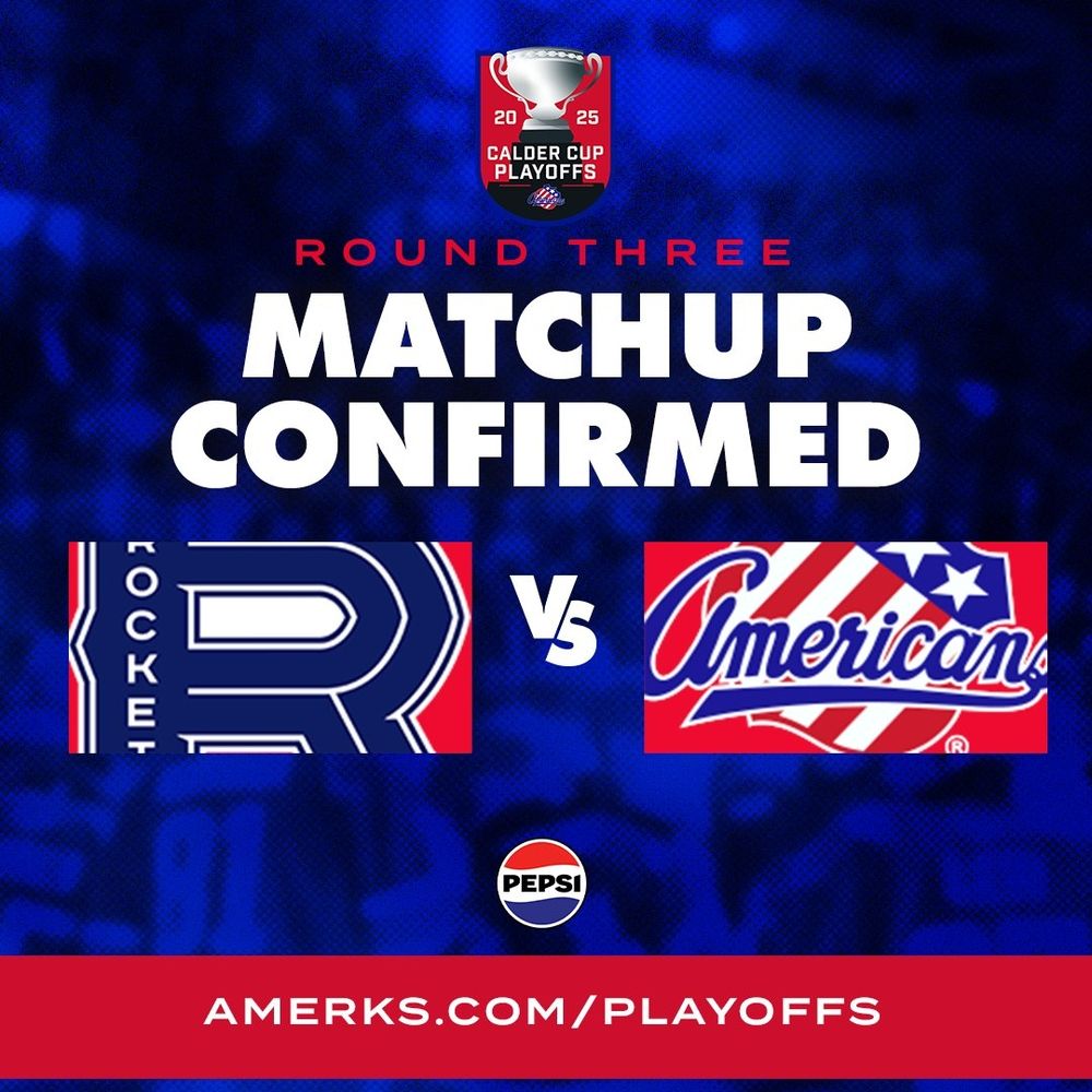 graphic using a photo of the Amerks on the ice at Blue Cross Arena with a deep blue overlay as the background. the 2025 Calder Cup Playoffs logo is top centre

Round Three matchup confirmed
Rochester Americans vs Laval Rocket
Amerks.com/Playoffs