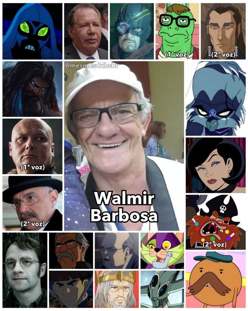 Foto do ator, dublador e diretor de dublagem Walmir Barbosa, e alguns de seus trabalhos em dublagem:

- Friagem (Ben 10)
- Udyr (League of Legends)
- Lord Varys (Game of Thrones; 1ª voz)
- Eddie Kessler (Boardwalk Empire; 2ª voz)
- Professor Pericles (Scooby-Doo! Mistério S/A)
- Grudento (KND: A Turma do Bairro; 2ª voz)
- James Potter (Harry Potter e As Relíquias da Morte - Parte 2)
- Starchy (Hora de Aventura) 
- Dra. Namorada (Os Irmãos Aventura)
- Longshot (Avatar: A Lenda de Aang)
- Unalaq (A Lenda de Korra; 2ª voz)
- Mechanikat (Krypto, o Supercão)
- Floyd Lawton / Pistoleiro (Batman: Arkham Origins)
- Rei (The Strongest Sage with the Weakest Crest) 
- Lenny Turtletaub (Bojack Horseman; 1ª voz) 
- Senador Stern (Homem de Ferro 2) 
- Koreyoshi Kitamura (Death Note)
- Comissário James Gordon (Batman Contra o Capuz Vermelho)
- Pale Bayleaf (Sonic X)