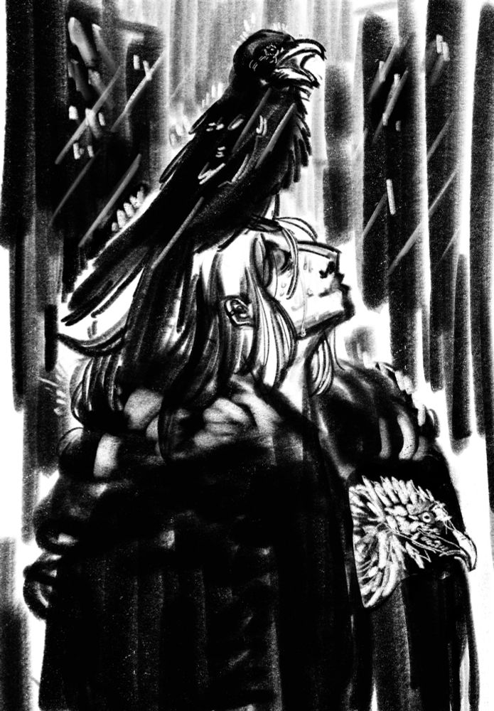 A lady with white hair and black tips looks up in the rain. A single raven caws on top of her head. A bearded vulture appears to be smiling as it hides in the lady’s coat.