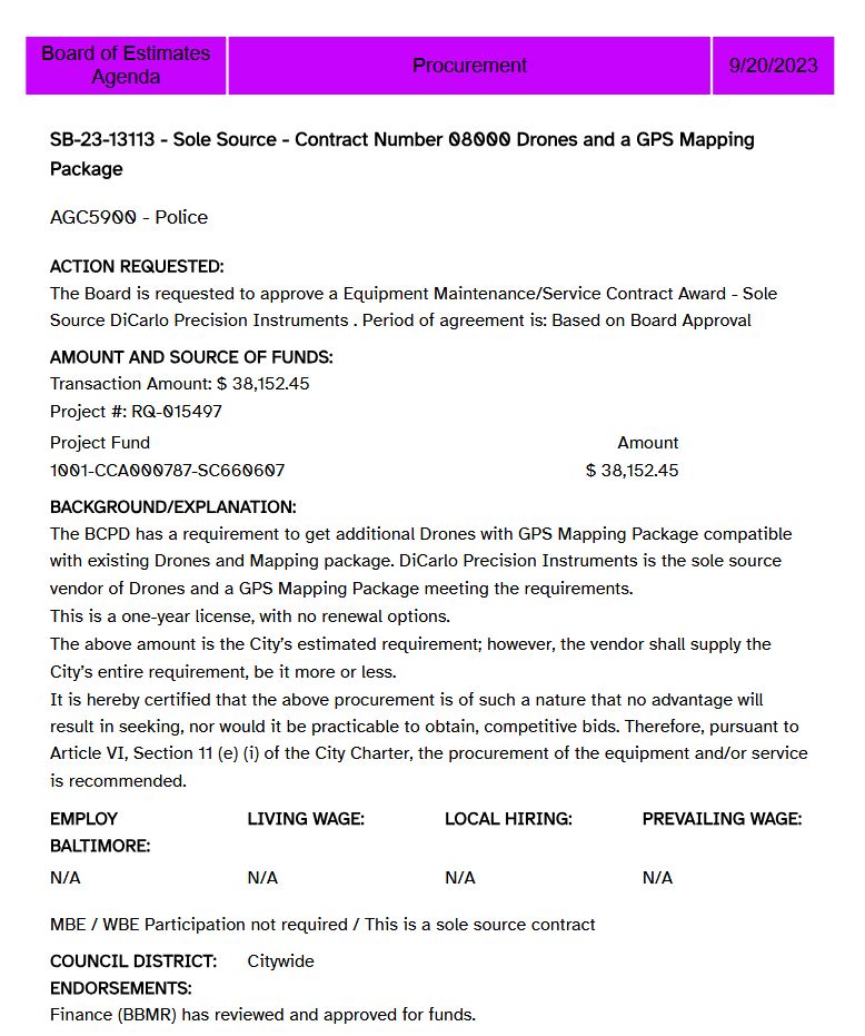 Alt: Screenshot of the 9/20/2023 Board of Estimates agenda, item “SB-23-13113 - Sole Source - Contract Number 08000 Drones and a GPS Mapping Package.” The amount is $ 38,152.45. The description reads “The BCPD has a requirement to get additional Drones with GPS Mapping Package compatible with existing Drones and Mapping package. DiCarlo Precision Instruments is the sole source vendor of Drones and a GPS Mapping Package meeting the requirements.”
