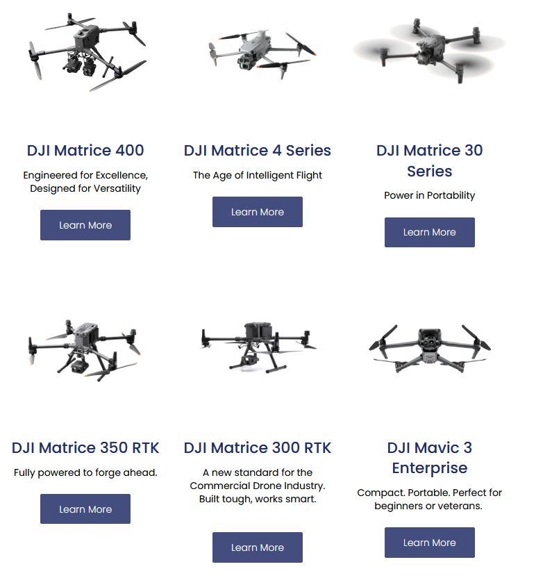 Screenshot of website linked in post, with pictures of six drones available from DiCarlo Precision Instrument Inc.
