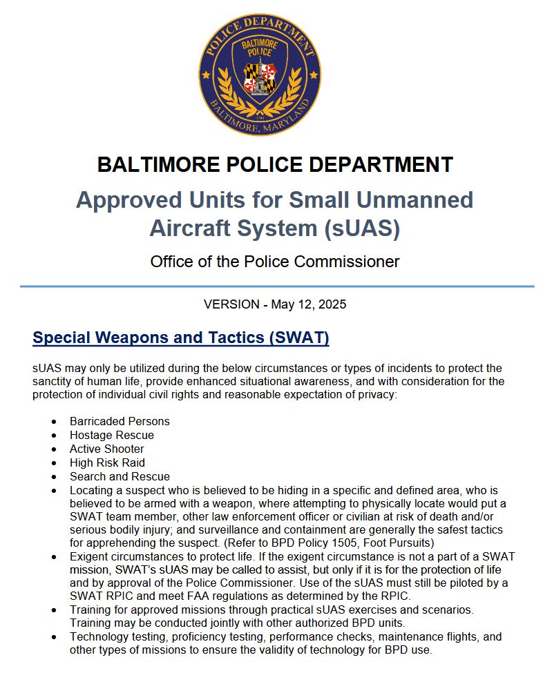 Alt: Screenshot of page 1 of linked document, headlined “Baltimore Police Department Approved Units for Small Unmanned Aircraft System (sUAS)” and listing circumstances when SWAT may use drones. 
