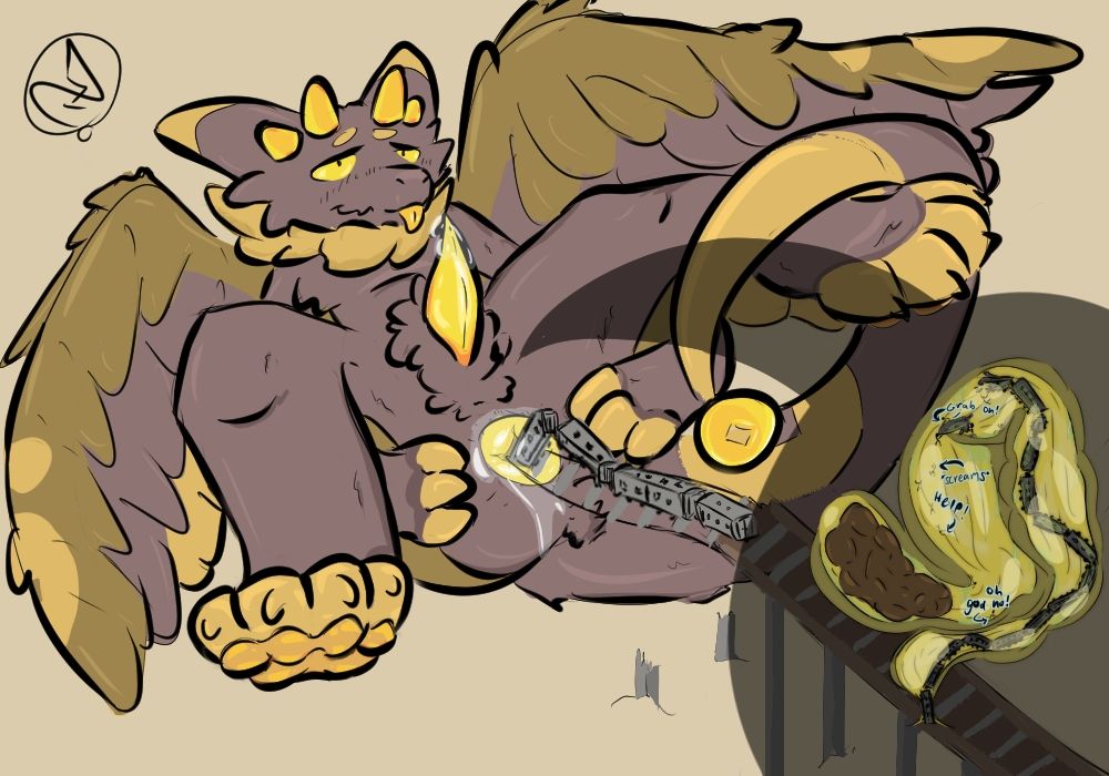 The winged furred dragon Jinyan splays his gaping amber-colored asshole and sucks up a train... Looks like the passengers are having quite the ride in his glowing guts. Unfortunately looks like some of the passengers who exited the vehicle are in for a rude awakening, because SOMETHING seems to be right around the corner... Wonder if he'll fish those passengers out later or if they'll become permanent residents? Hmm... either way, on the outside he seems to be in bliss... The sliminess of his intestines seemed to lubricate things a bit and that train went further than expected! It seems to have made him pretty wet~