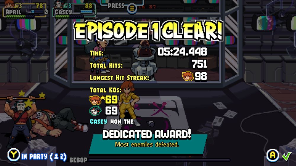 Screenshot of TMNT arcade game level end screen Episode 1 clear April and Casey both have 69 KOs