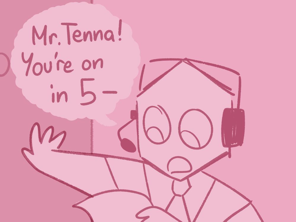 An average Pippins about to walk into Tenna's private room to notify him that he's expected to perform on TV in five minutes.