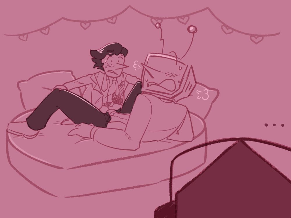 Bigshot era Spamton + Tenna looking sweaty and flustered as they're midway through undressing each other on a large heart shaped bed. Pippins silently judging in the foreground.