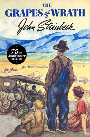 Book cover shows hilltop with golden valley below. A man in blue overalls and brown hat, woman sitting in red dress and apron, and boy in brown overalls sitting on rock are in foreground facing away from viewers. They’re looking down into the valley. In mid ground below them is a 1930s open sided truck with luggage/bundles of cloth tied on back. In the background is a line of similar trucks snaking through valley. Beyond are a line of tall blue colored hills.