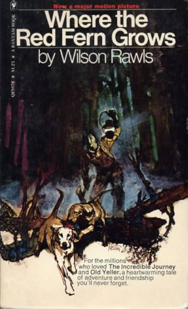Boom title is Where the Red Fern Grows by Wilson Rawls. Image shows boy in overalls holding lantern high while surrounded by forest at night. In front of him are two brown dogs.