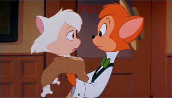 Danny the tabby cat boy holding Sawyer the cool white-haired cat girl by the waist in the talent agency office where they first meet from the feel-good musical movie 'Cats Dont Dance'.