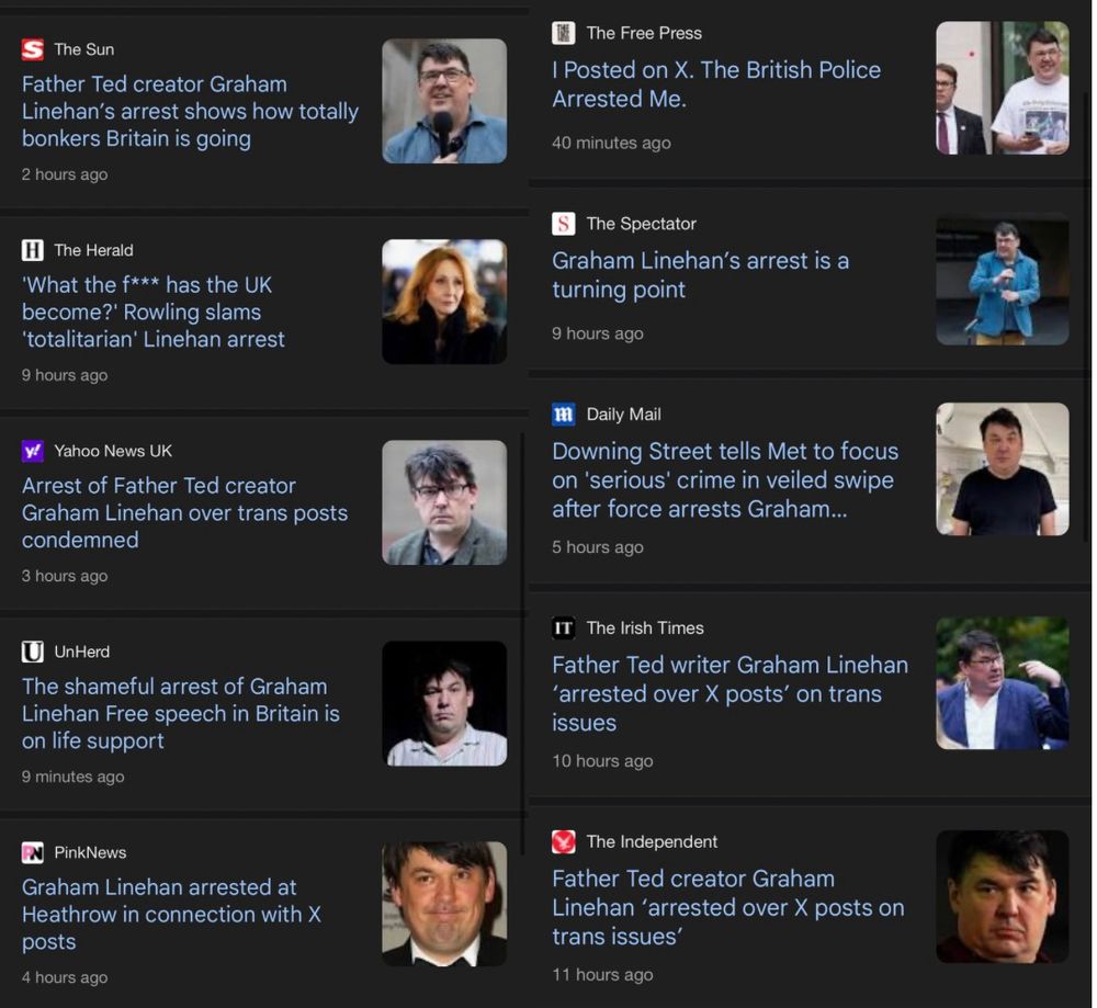 Multiple news headlines talking about obsessive abusive transphobe - Graham Linehan - being arrested for posting grotesquely graphic abuse towards trans women online! 