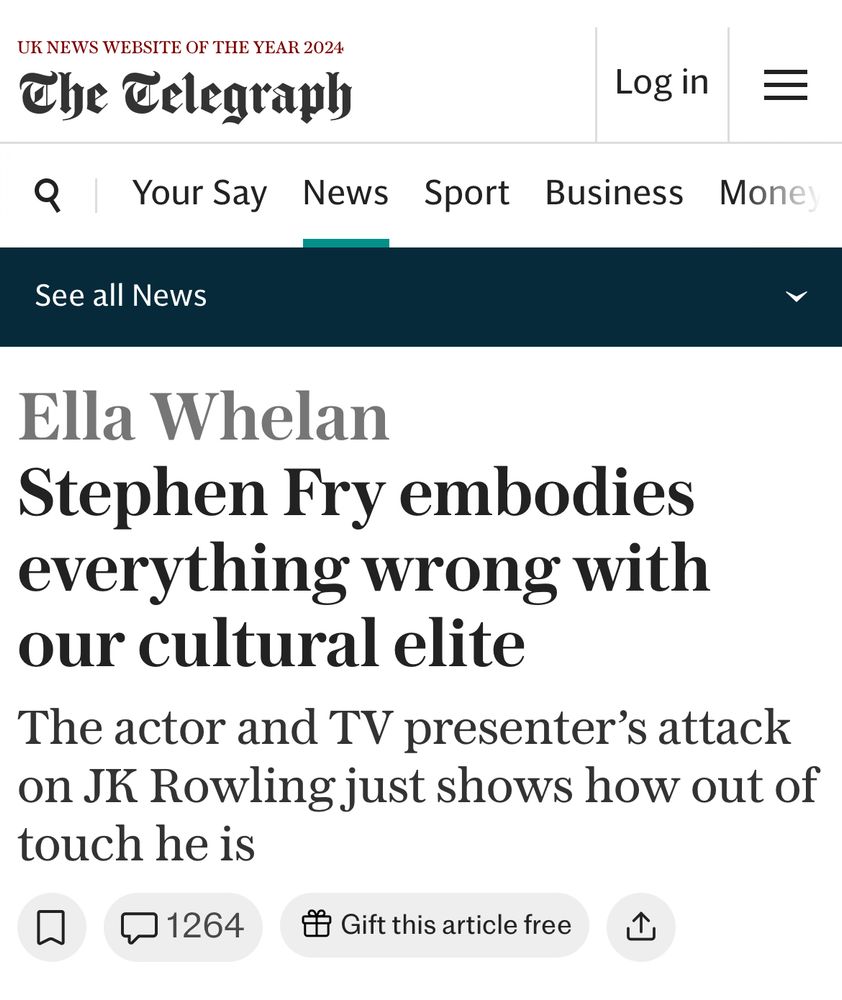 The Telegraph 

Ella Whelan
Stephen Fry embodies everything wrong with our cultural elite
The actor and TV presenter's attack on JK Rowling just shows how out of touch he is