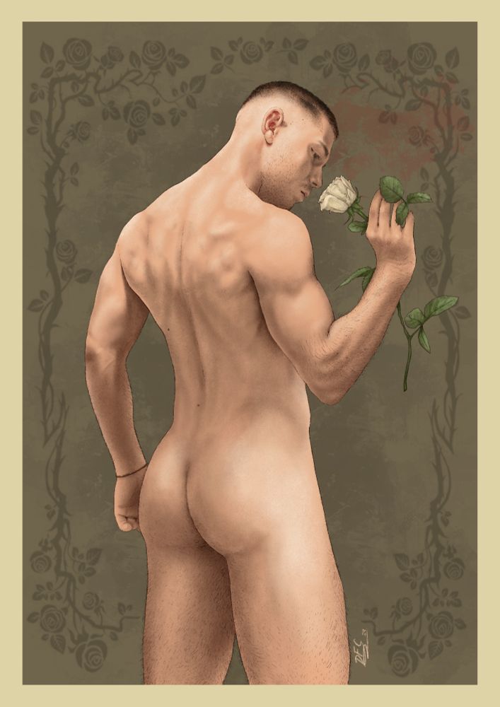 A digital drawing of a nude man who turns his back to the audience, while holding a white thorny rose. The rest of the images on the post show multiple close ups of different areas of the drawing, to highlight different details such as textures or body hair.
