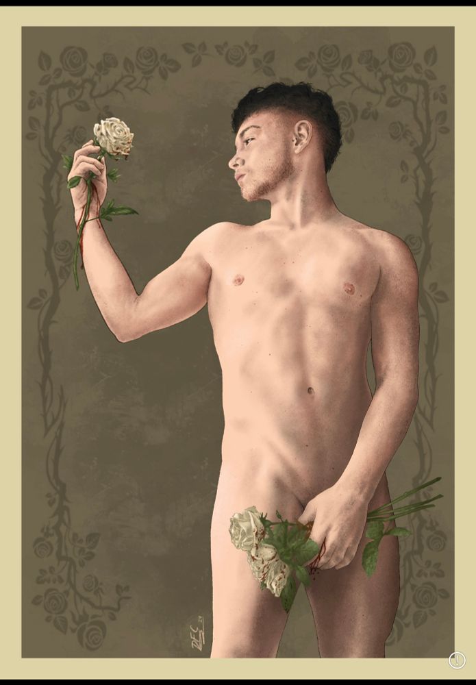 Digital artwork of a Nude Young man standing with his front towards the audience, holding a bouquet of white roses to cover his nudity, with blood drops on them and on his hand, his other hand extended away from his body, offering a rose to another man, not shown in this piece, as this is the right side of a diptych (to match the piece in the previous post). The other 3 images in this post are closeups of various parts of this main drawing, to showcase the details.