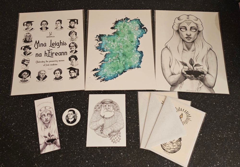 Pictures from ciaraioch.com. Pioneering Women of Irish Medicine, a beautiful green, blue, and silver image of the island of Ireland, and drawing of Goddess Anu holding a sapling growing in soil. Plus freebies included by Ciara! 