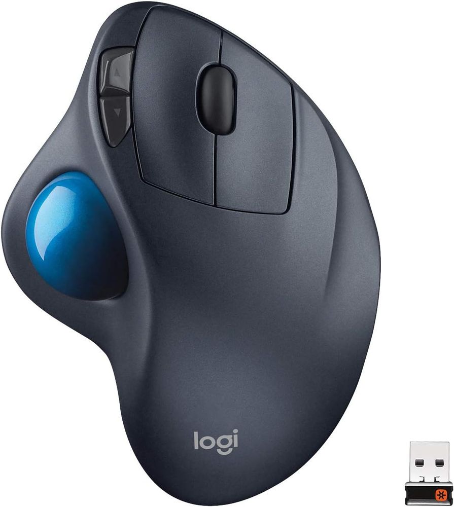 A picture of a dark grey trackball-style mouse, with a blue ball for the user's thumb, two small buttons, one with an "up" arrow and the other with a "down" arranged vertically, two larger buttons, with a scroll wheel between them, and places for the user to rest their outer digits. The bottom of the mouse reads "logi" and the bottom right of the image shows the wireless receiver: a silver USB-A plug, with a black end, and an small orange square with a black "burst" inside.