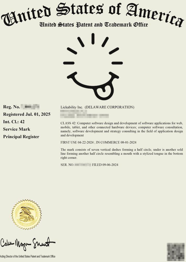 Official documentation from the United States Patent and Trademark Office showing Lickability Inc.'s logomark being legally recognized as a registered service mark.