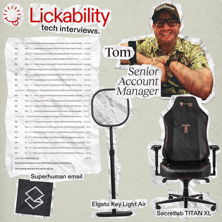 Collage of Lickability's Sr. Account Manager Tom and 3 products he uses: Superhuman email, an Elgato Key Light Air, and a Secretlab TITAN XL office chair.