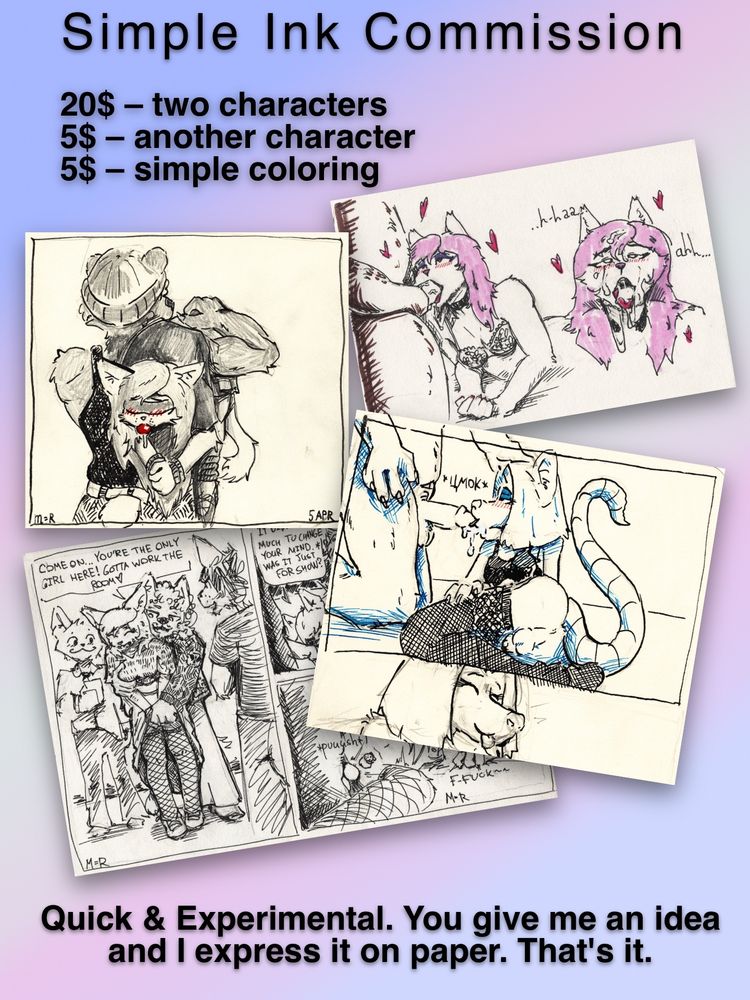 Simple Ink Commission 20$ – two characters. 5$ – another character. 5$ – simple colouring. 