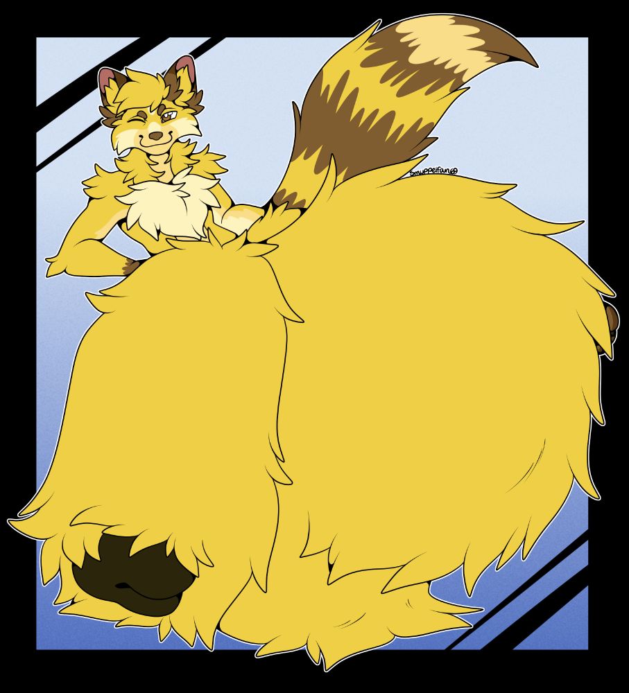 A yellow and brown fox furry with a striped tail leans to the side and winks at the viewer. Their fluffy penis and balls, larger than the rest of them, block the view of their hands and almost all of their lower body, only the bottom of their foot visible on the other side. Tufts of fur keep most of their glans covered.