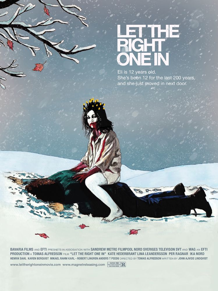 A movie poster for the movie Let The Right One In, showing a young girl with blood dripping down her chin sitting atop the presumed corpse of a grown man who has been eaten by the girl, who is a vampire. The photo has been badly edited to add the iconic frosted tips of Guy Fieri to the girl's head.