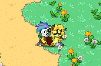 Cloudy the Pegasus and Lexi the cheese raccoon snuggled up together on Ponytown. 