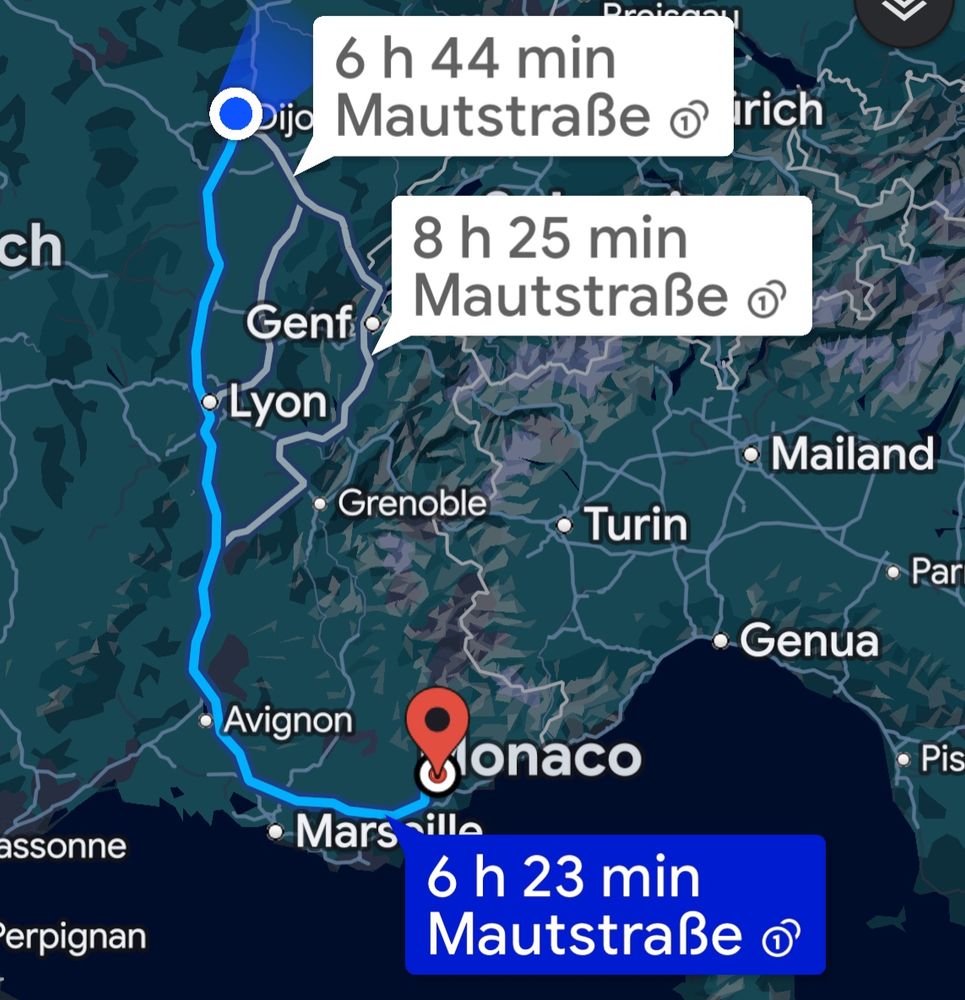 Ausschnitt unserer heutigen Route durch Frankreich via Google Maps 