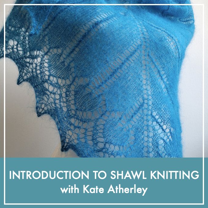 A picture of a blue handknit lace shawl, with text superimposed "Introduction to Shawl Knitting with Kate Atherley".