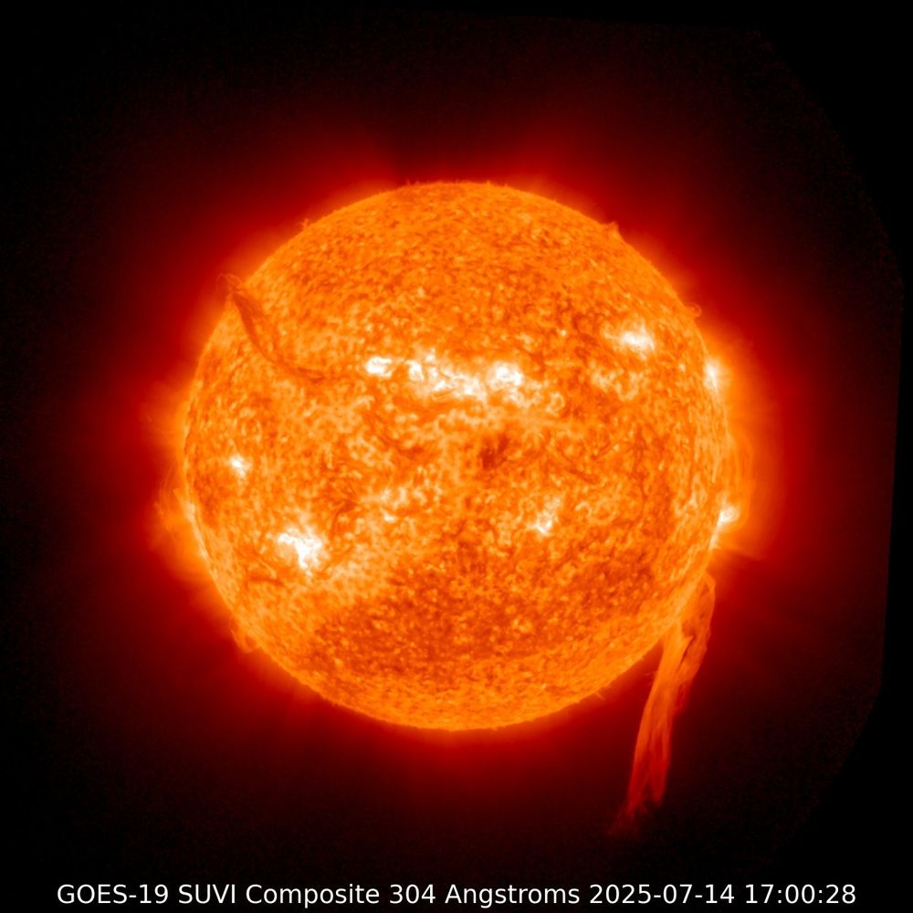 The Sun and giant prominence with text label "GOES-19 SUVI Composite 304 Angstroms 2025-07-14 17:00:28" 