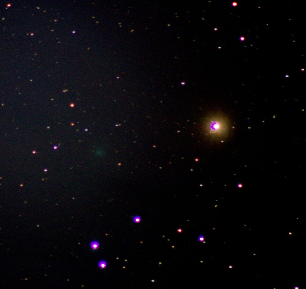 Star Aldebaran right of centre. Comet Kushida left of centre. Numerous star dots.Captured using Canon EOS 1200D, Canon EF 75-300mm lens, 68x30s exposures, f/5.6, ISO-800, 300mm focal length. Processed using Sequator, FastStone, GIMP.