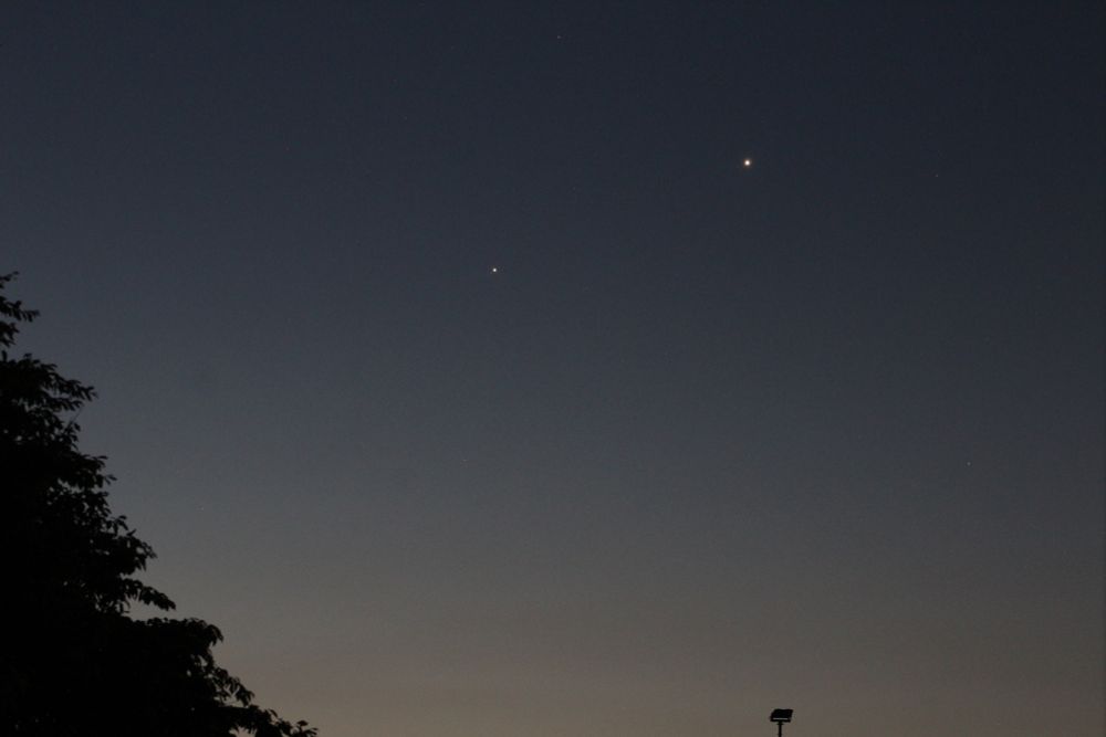 Planet Jupiter dot at centre. Planet Venus dot at upper right. Tree and floodlight at bottom in foreground. 