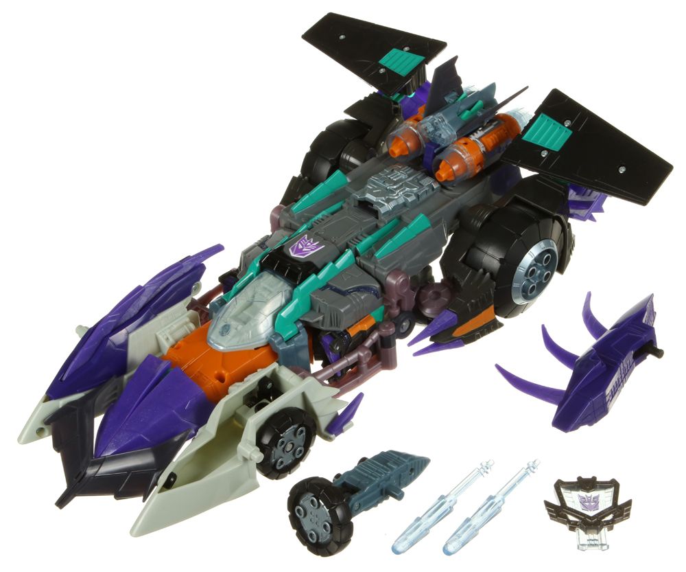 Megatron from the 2005 toy line Transformers Cybertron, in which he transforms into a vivid coloured Batmobile-esque racing car and a jet. He is *majestic*