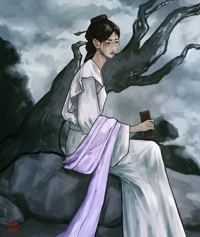 painting by @guoldu of Wen Xiao sitting on a rock on the shortline, wearing white robes and looking off into the distance while holding her notebook. Her earring catches the light and her forehead mark is activated.