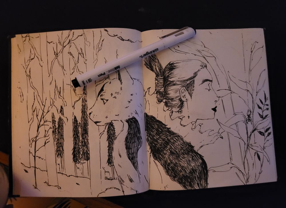 Some sketchbook pages with characters facing away from each other