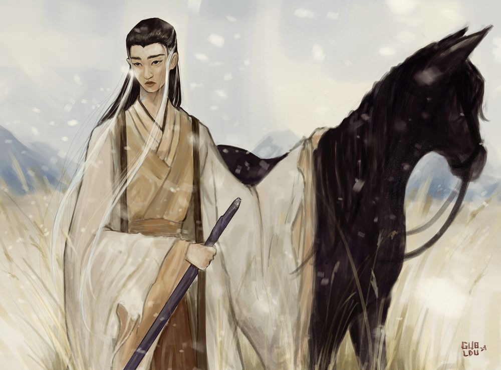 illustration by guoldu of Zhuo Yichen from Fangs of Fortune walking in a grassy field with a black horse, looking off in the distance with a solemn expression while snow falls all around them