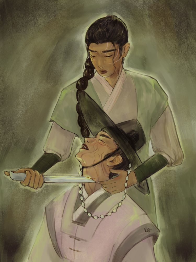 painting by guoldu of two korean men in joseon era dress, one behind the other holding a knife to their throat. the colors are mainly yellow green and mauve, creating a ghostly glow. both of them have the demon markings from the kpop demon hunters movie.