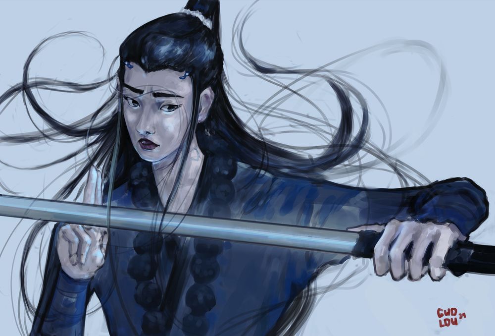 digital painting sketch of Zhuo Yichen from Fangs of Fortune holding his cloud light sword as it glows blue, his hair swirls in the wind behind him